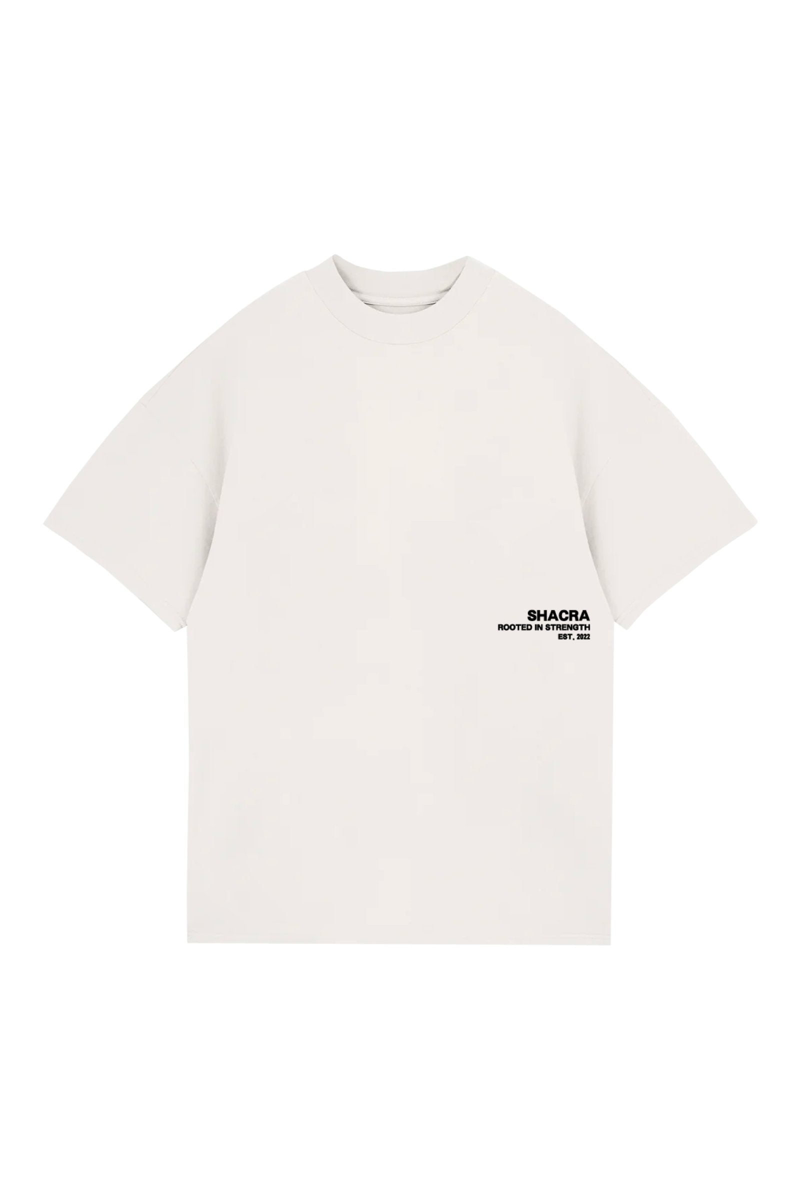 Comfortable white T-shirt with black "SHACRA Rooted in Strength" logo, perfect for casual wear and street style.
