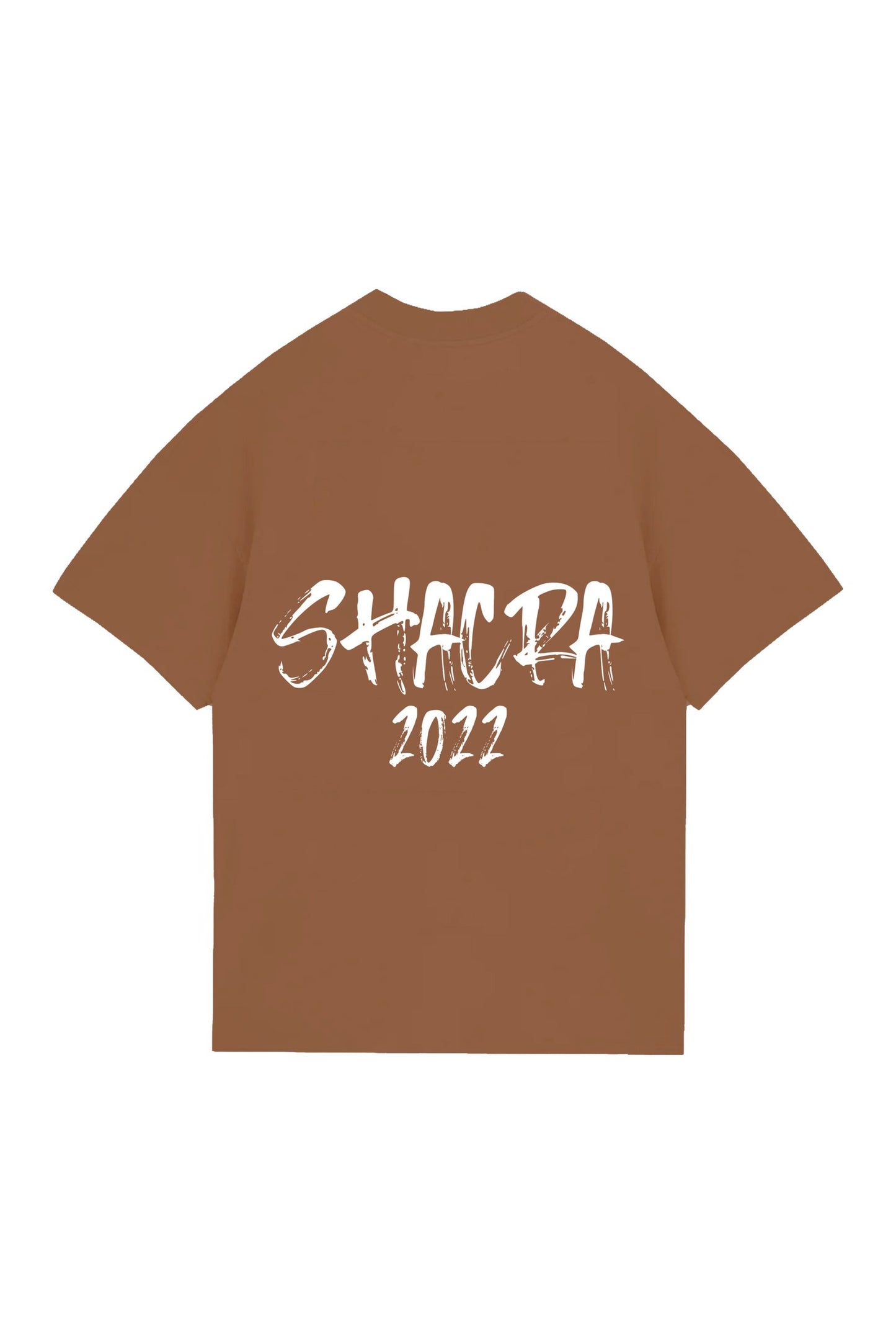 Bright brown T-shirt featuring bold white "Shacra 2022" graphic, perfect for summer events or casual wear, showcasing contemporary streetwear fashion and personal style.