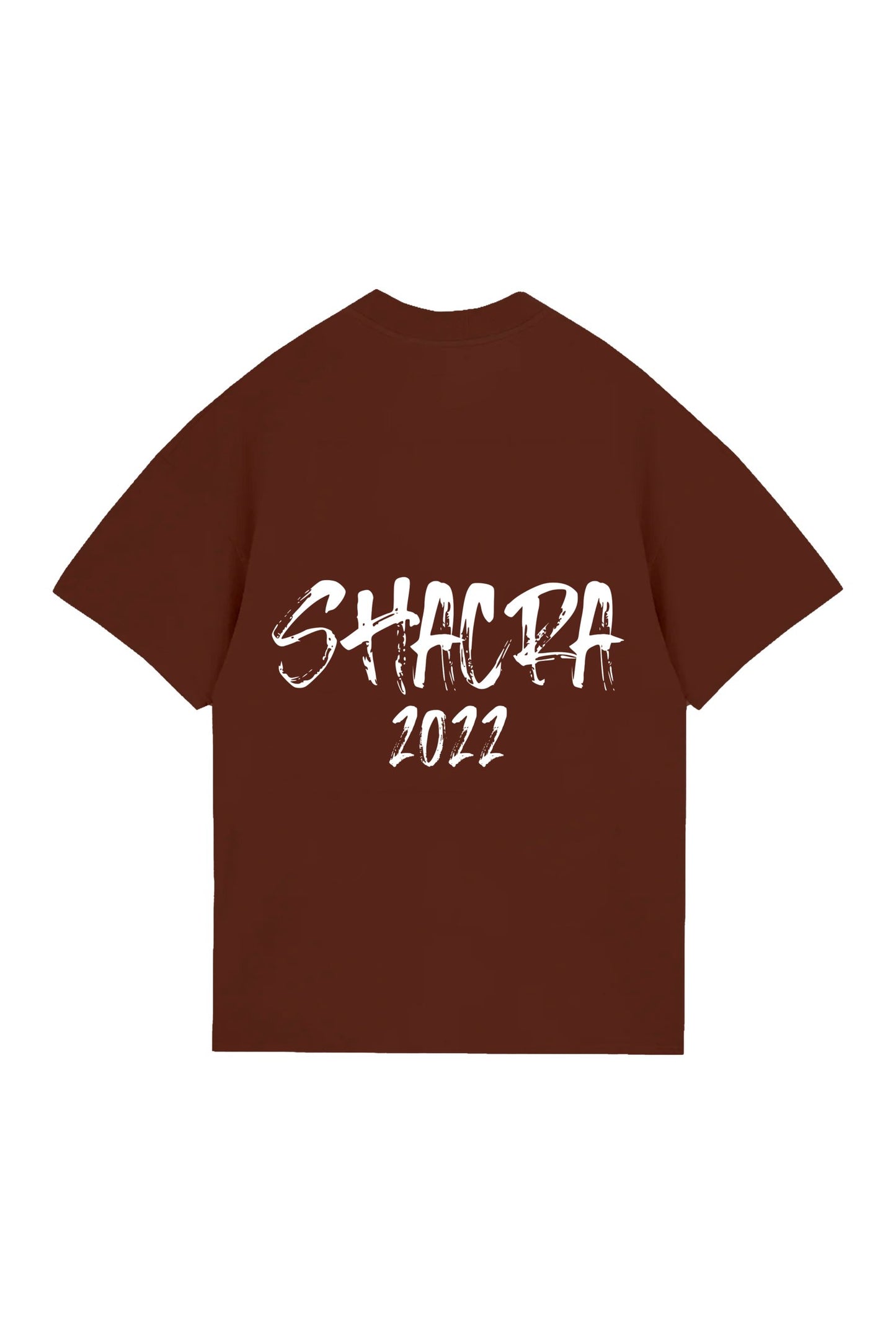 Bold maroon T-shirt with "SHACRA 2022" text in white, stylish graffiti font, perfect for concerts, festivals, or casual wear. Features a comfortable crew neck and short sleeves.