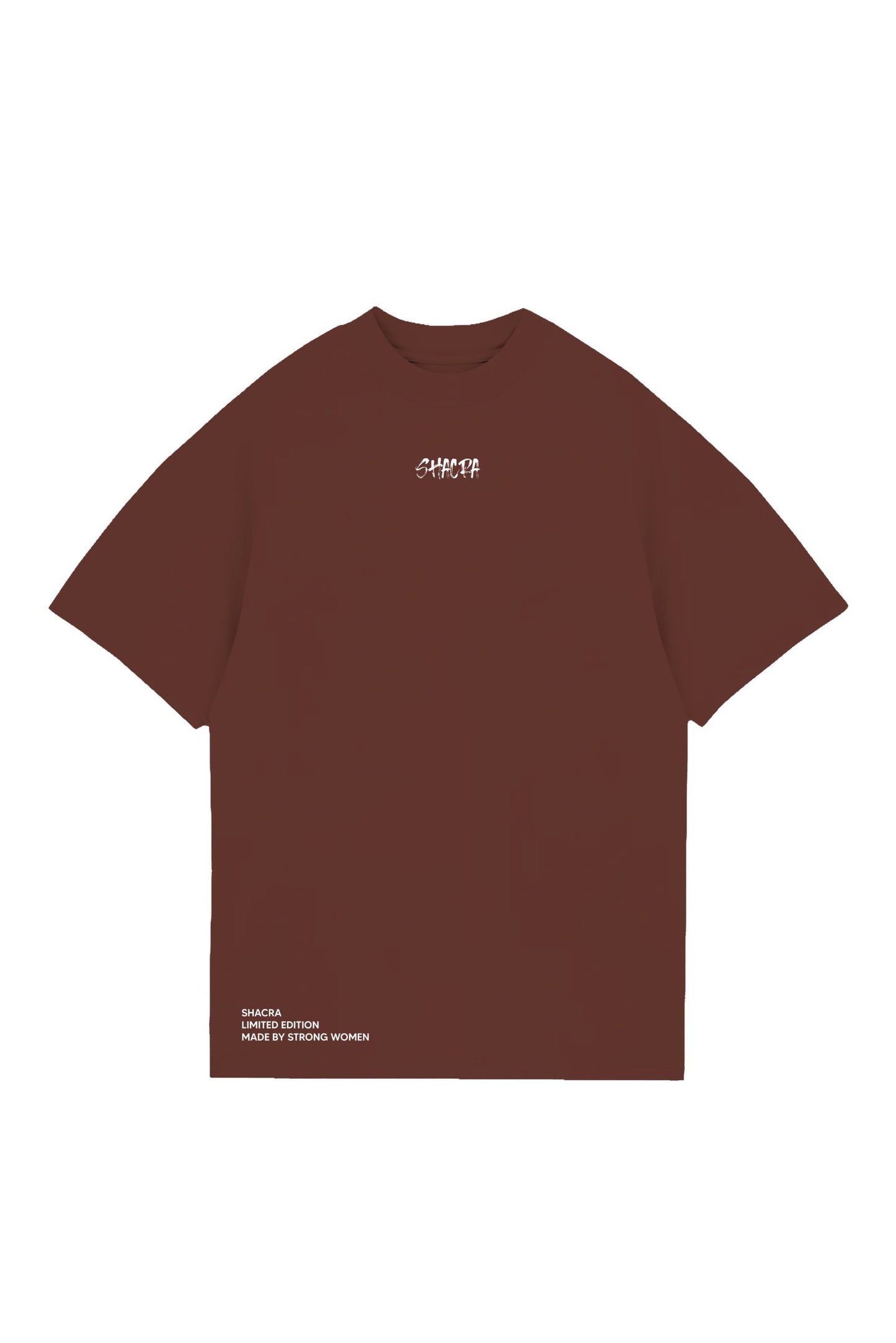 Bold brown T-shirt with "SHACRA" logo on the chest, designed for strong women, featuring a limited-edition style that combines fashion and empowerment. Perfect for casual wear and making a statement.