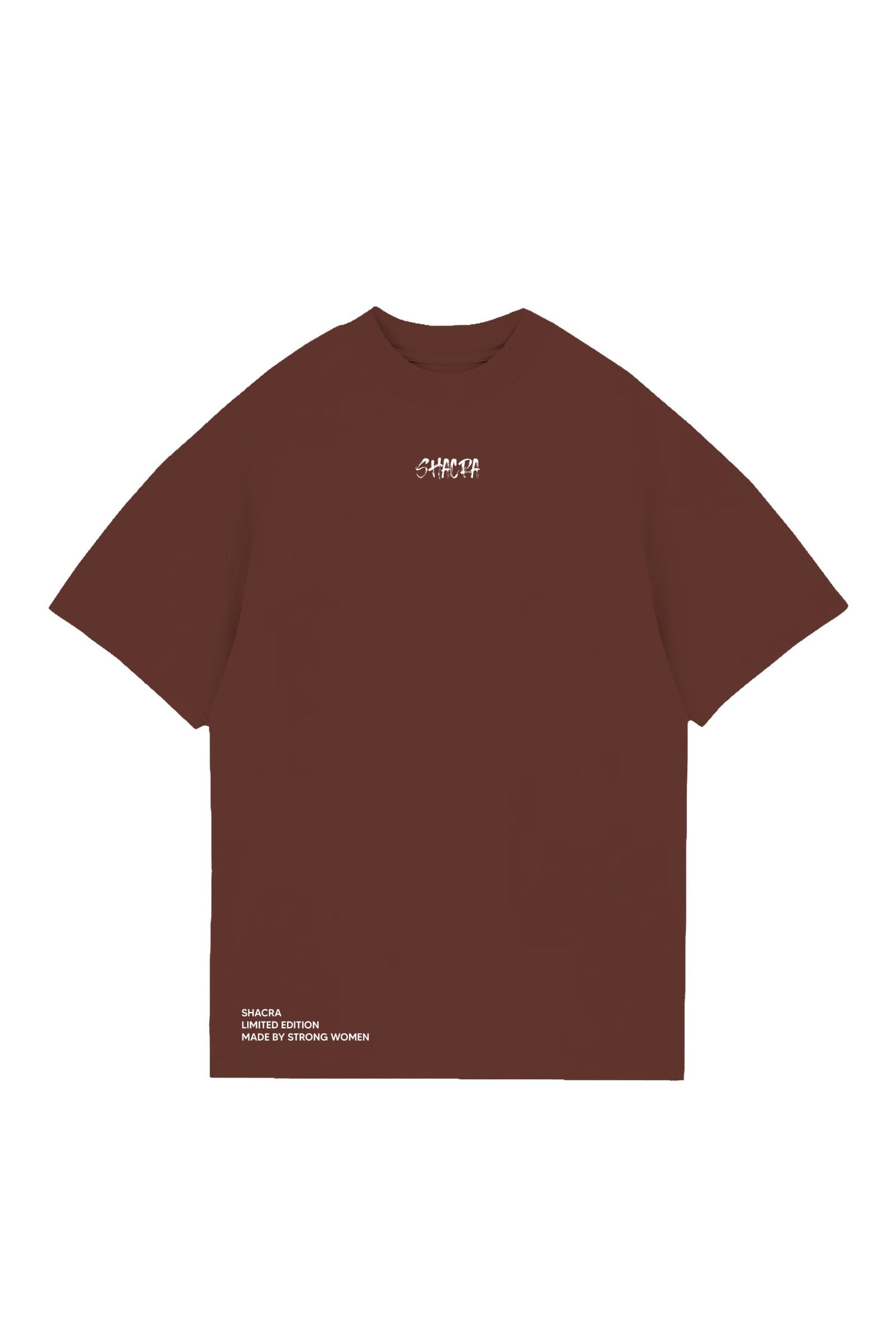 Bold brown T-shirt with "SHACRA" logo on the chest, designed for strong women, featuring a limited-edition style that combines fashion and empowerment. Perfect for casual wear and making a statement.