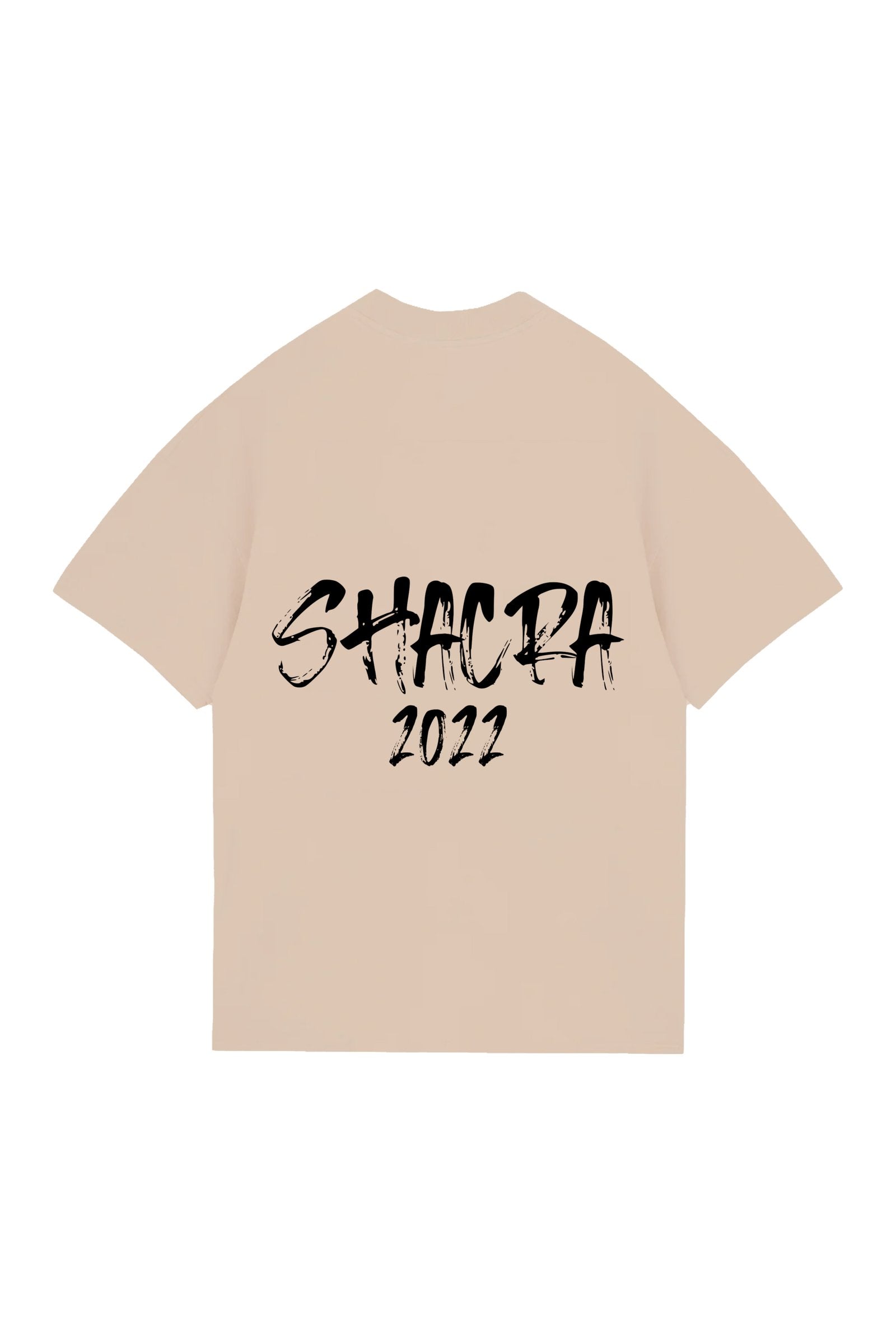 Black distressed text saying "SHACRA 2022" printed on a beige t-shirt.