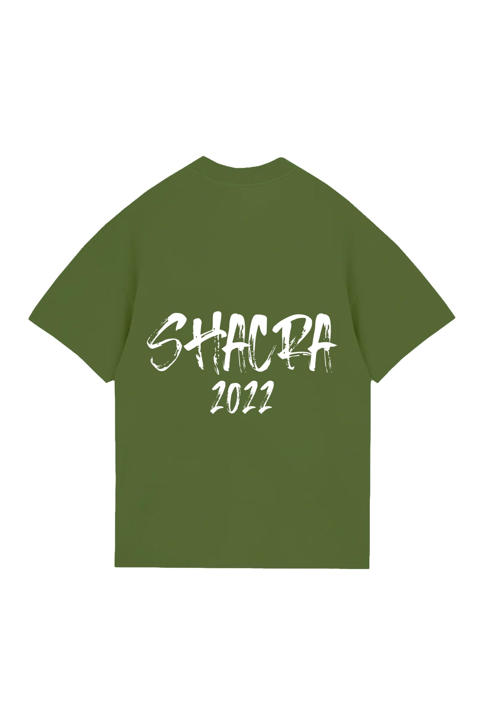 Bright green t-shirt with "SHACRA 2022" printed in bold, distressed white lettering, ideal for event promotions, youth festivals, and music or cultural events.