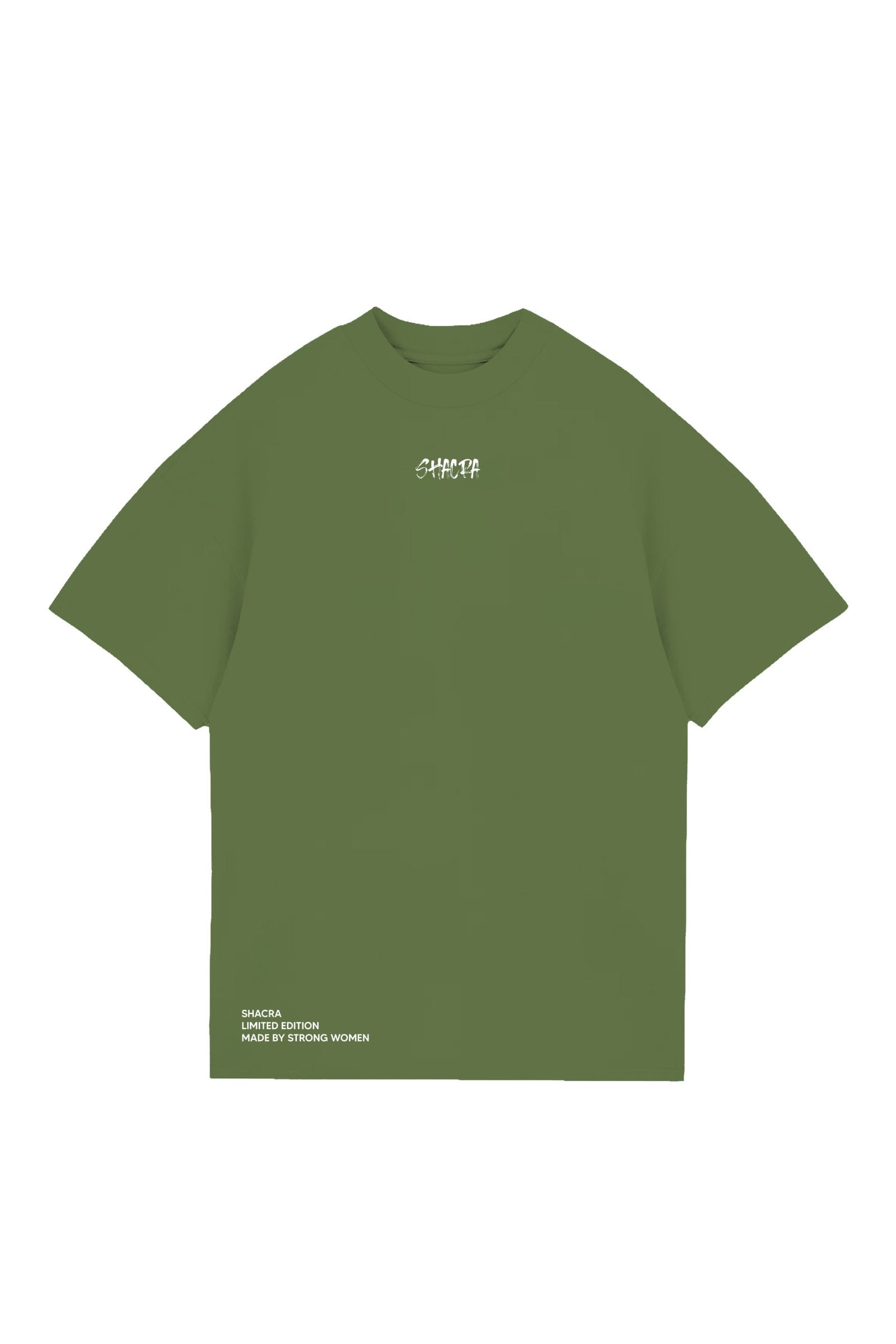 Bright green limited edition women's T-shirt featuring the "Shacra" logo and empowering text, designed by strong women for bold fashion statements and sustainability. Perfect for casual and streetwear styles.